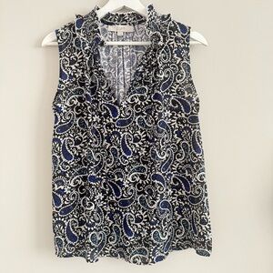 Loft Paisley Print Ruffle Neck Sleeveless Blouse Blue Black Medium